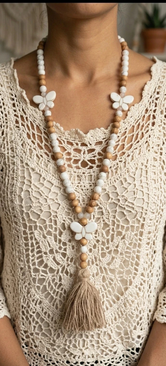 Collier long, perles et papillons, beige et crème